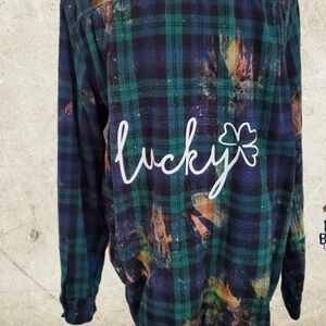 Bleach dyed Blue and Green Plaid Shirt Lucky printed on back!